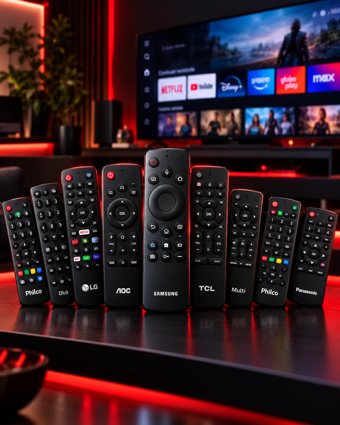 Controles remotos de TV de várias marcas: Philco, LG, AOC, Samsung, TCL, Panasonic