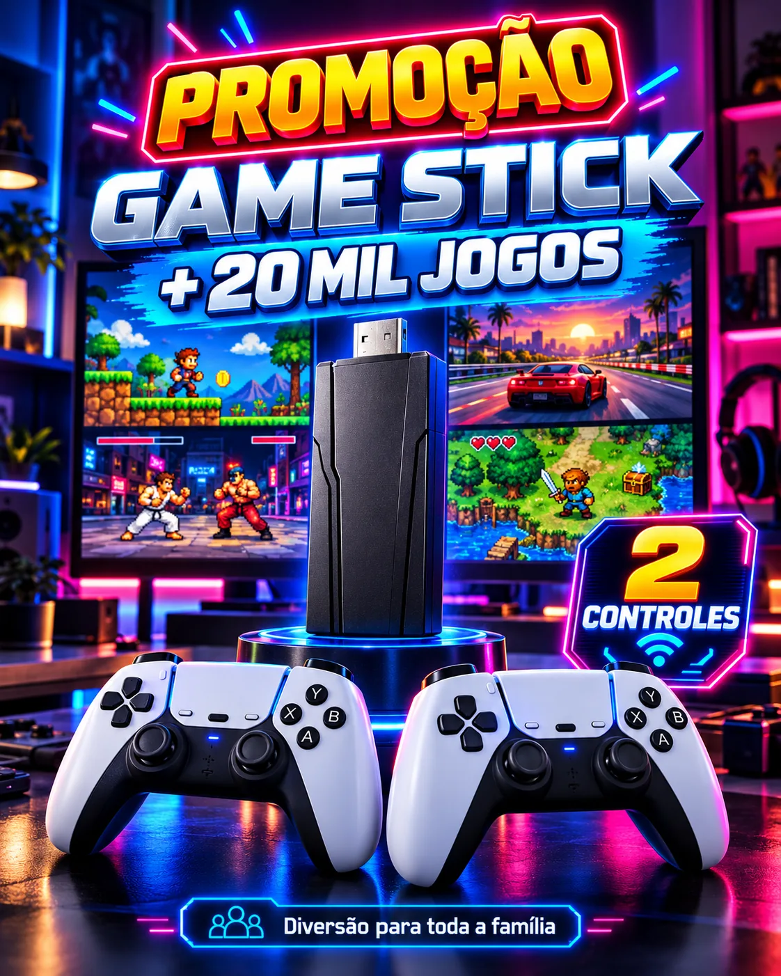 Game Stick com mais de 20 mil jogos e 2 controles sem fio